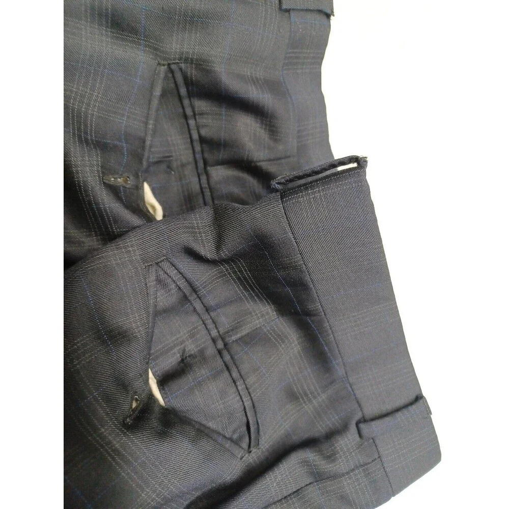 Paul Dione Wool Suit Sport Coat Blazer Dark Blue Windowpane 43R Pants 36x28.5